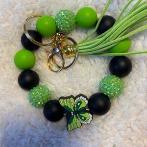 Green and Black Beaded Key Holder with Butterfly Charm